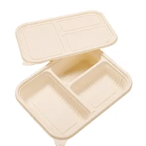 ثلاث صناديق نشا الذرة صندوق الغداء قابل للتحلل يُستخدم لمرة واحدة مقسم إلى أدوات مائدة للتنقل صندوق تعبئة السوشي مخصص