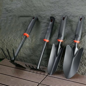 Durable 4Pcs Garden Tool Set Matte Black Carbon Steel Shovel Rake Hoe with Ergonomic Non-slip Handle for Weeding Sowing Planting