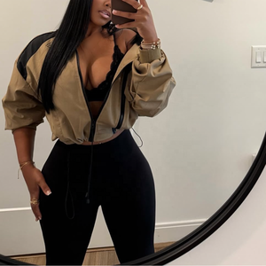 Fashion Cool Streetwear Vintage Fall Autumn Winter Casual Long <strong>Sleeve</strong> Color Block <strong>Short</strong> <strong>Women</strong> Lady Zipper Cropped Coat <strong>Jacket</strong> - Product Image 1