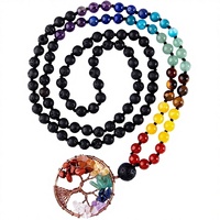 Collier Arbre de Vie 7 Chakras en Laiton Bohème, Perles de Prière Malabar Nouées à la Main, Véritable Gemme de Guérison, Yoga et Méditation, Cadeau