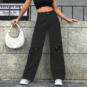 2025 Best-seller Jeans européens et américains pour femmes Ins Jeans décontractés à la mode déchirés polyvalents à taille haute et à jambes larges - Product Image 5
