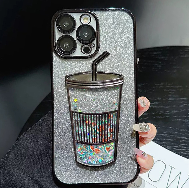 Custom 3D Glitter TPU Electroplate Sparkling Milk Tea Cup Phone Case for 16/15/14/13/12/11 Pro Max X XR