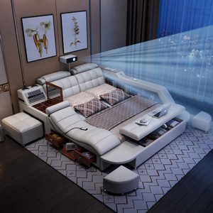 מיטת חכמה רב תכליתית עם ריפוד בד, רמקול מולטימדיה חשמלי מודרני, מטען USB ועיסוי, ריהוט לחדר שינה. - Product Image 4