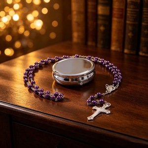 Boîte vide avec collier chapelet de perles blanches imitation, design croix, chaîne de pull unisexe, bijou cadeau - Product Image 4