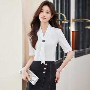 Women's <b>White</b> Short Sleeve Chiffon Shirt With Ribbon Tie Office Professional Blouse Solid Color Polyester Fabric - Product Image 1