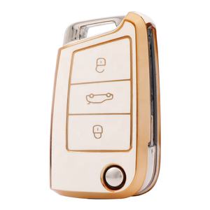 Cubierta de llave de coche personalizada de Material TPU con borde dorado para <span class=keywords><strong>VW</strong></span> Golf PoloTiguan Passat Caddy, funda plegable para llave automática, bolsa remota Fob - Product Image 1