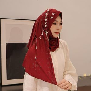 Luxe neige motif chaîne en métal musulman Hijabs strass perle perlée châles Polyester étole Turbans mariage Hijab pour les femmes - Product Image 1