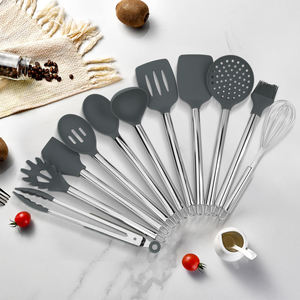 Juego de utensilios de cocina de silicona gris con mango de acero inoxidable, herramientas para cocinar y hornear con soporte metálico de almacenamiento - Product Image 2