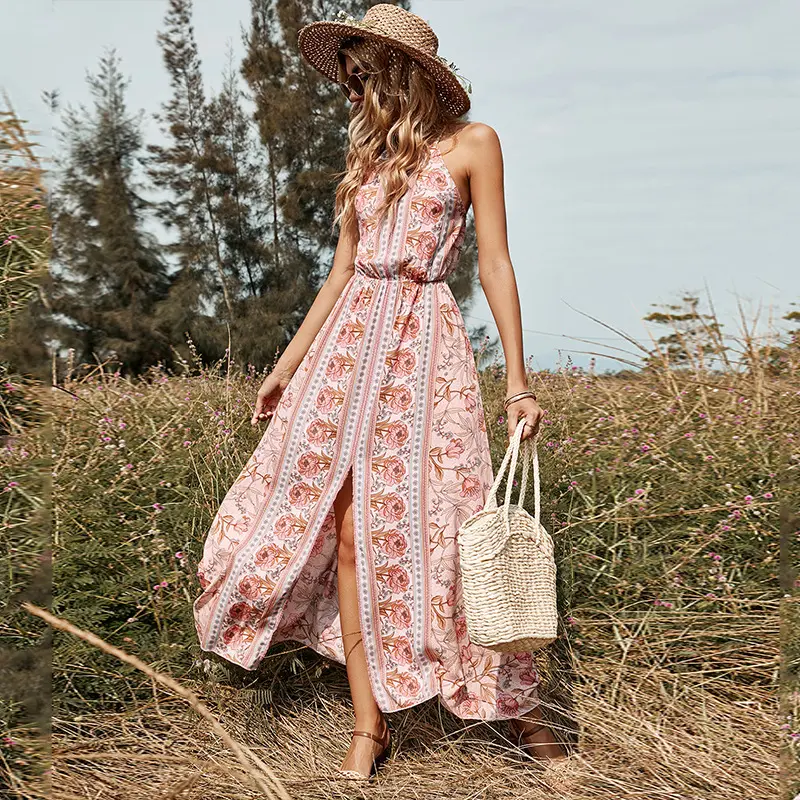 Robe mi-longue rose pour femmes, 2022, haute qualité, Collection taille, sans manches, épaules et dos, Sexy, printemps, été