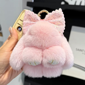 Petit lapin en peluche mignon, imitation lapin mort, pendentif porte-clés nœud <span class=keywords><strong>papillon</strong></span>, poupée en fausse fourrure d'otter, décoration de <span class=keywords><strong>sac</strong></span> - Product Image 4