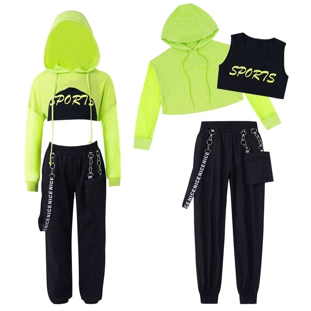 3Pcs Kids Girls Jazz Dance Costume Long Sleeves Hooded Set Hip Hop Performance Sweatshirt Set 4-16Y