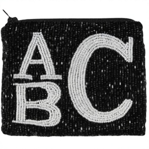 Pochette à monnaie rectangulaire noire faite à la main avec lettres ABC brodées de perles blanches, sac en textile en coton brodé pour Halloween et Noël - Product Image 1