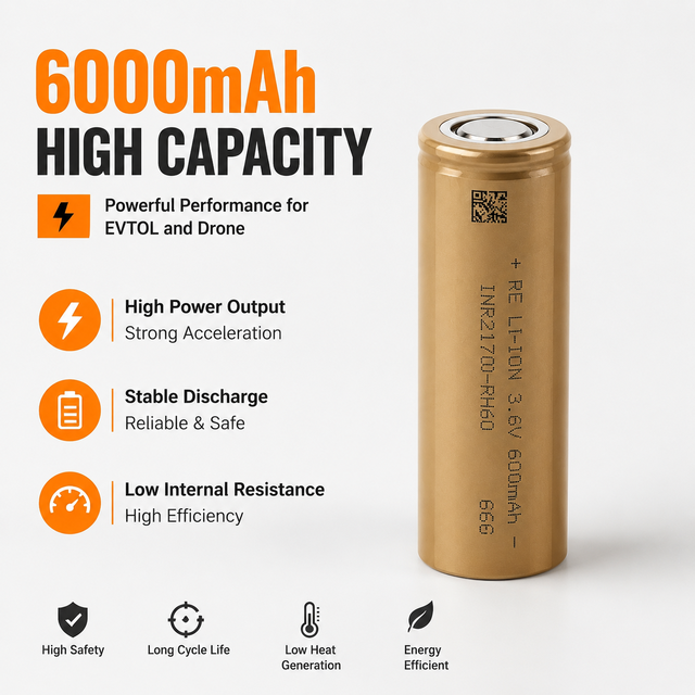 Fast Charge Tabless High-Energy Reliance RH60 21700 3.6V 6000mAh 30A Lithium Battery Cell 500 Cycles for UAVs/EVTOL