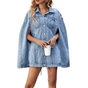 RNSHANGER Single Breasted Cape Denim Coat Women Spring Fall Fashion Vintage Pockets Loose Jean Jacket for Female