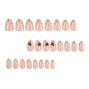Faux ongles 3D roses en amande à presser avec pointes à pois crème et motif coccinelle, ongles artificiels brillants réutilisables pour manucure estivale 4618 - Product Image 3