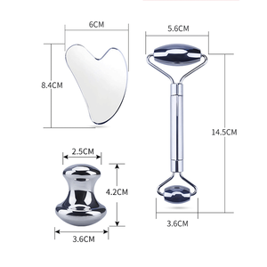Wholesale Metal Stainless Steel Skin Lift Body Massage Silver 3D Face Roller Gua Sha Set - Product Image 2