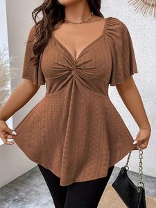 Camiseta elegante de verano de talla grande para mujer, ropa informal de oficina para mujer, ropa curva sólida, Tops holgados con cuello en V - Product Image 6