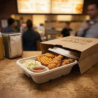 PFAS-vrije, 8,5 cm diepe, 1250 ml, biologisch afbreekbare, magnetronbestendige, stevige rechthoekige lunchbox van suikerrietbagasse met deksel voor maaltijdvoorbereiding