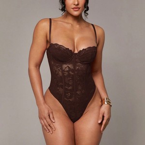 Gaun musim gugur modis harga rendah korset renda menggoda dengan tali Panel renda Teddy Sheer Bodysuit serbaguna dan XS-L yang memesona - Product Image 4