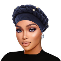 Turban africain tressé à la main avec perles, chapeau en polyester extensible élégant pour femme, pré-coiffé pour mariage et fête