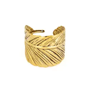 Bohemian Carved Open Bangle Hand Ornament Silver Gold Plated Feather Pattern Large Wide Bracelet Bangle