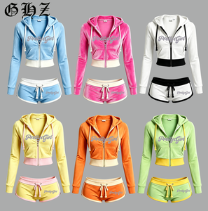 2026 Custom <strong>Velvet</strong> Full Zip up Crop Top <strong>Jacket</strong> and Shorts Sets for <strong>Women</strong> Casual Summer Color Block 2 Piece Set Y2k Tracksuit Set - Product Image 1