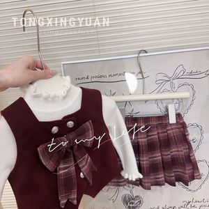 Girls Winter School Style Bow Vest Plaid Skirt Set Thickening Cotton Children Outfits - Product Image 2