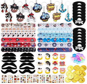 Bracelets à claquer, porte-clés, anneaux, patchs pour les yeux, autocollants, moustaches, pièces d'or, pierres précieuses, jouets, cadeaux, sacs de friandises et articles de fête sur le thème des pirates - Product Image 1