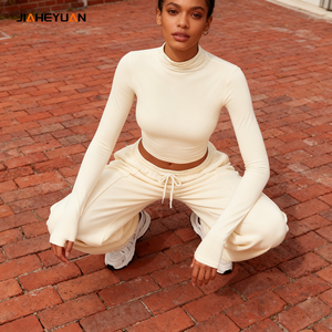 Atasan Yoga lengan panjang wanita Gym logo kustom pakaian olahraga kebugaran aktif dua potong kaus dan celana olahraga Set wanita - Product Image 1