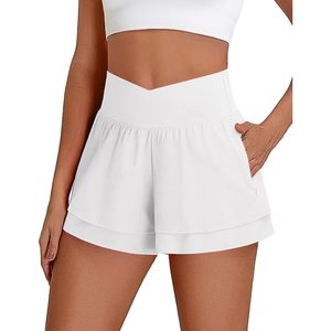 Shorts de course athlétiques pour femmes FOXA, taille haute, croisés, avec poche, 3 pouces, blanc uni, pour l'entraînement - Product Image 1