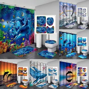 Onderwater Koraalvissen Paar Waterdicht Toiletkleed 3d Print Zee Wereld Dolfijn Douchegordijn Set