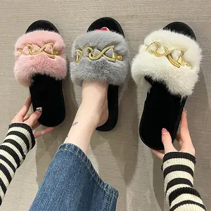 Gold Inlaid Stripes Fluffy Slippers P'lush Soft Warm Slippers For Women Fashion Fur Slippers Tender Open Toe