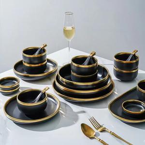 Moderne Stijl Hoge Kwaliteit Zwart Servies Sets Met Gouden Rand Keramische Schalen Schotels Lepel Borden Voor Restaurant Hotel - Product Image 2