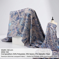 Tissu jacquard bleu métallisé à motifs floraux, teint en fil, 64% polyester, 19% nylon, 17% fibre métallique, pour robes et vêtements de mode