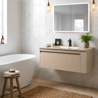 Meuble-lavabo mural flottant minimaliste sans poignées avec miroir LED et système de fermeture douce