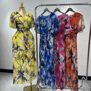 Vestido de Verano <span class=keywords><strong>para</strong></span> Mujer, Talla Grande, Cuello en V, Estampado Digital, Conjunto de Dos Piezas con Cinturón, Falda Larga, Ideal <span class=keywords><strong>para</strong></span> Fiestas - Product Image 1