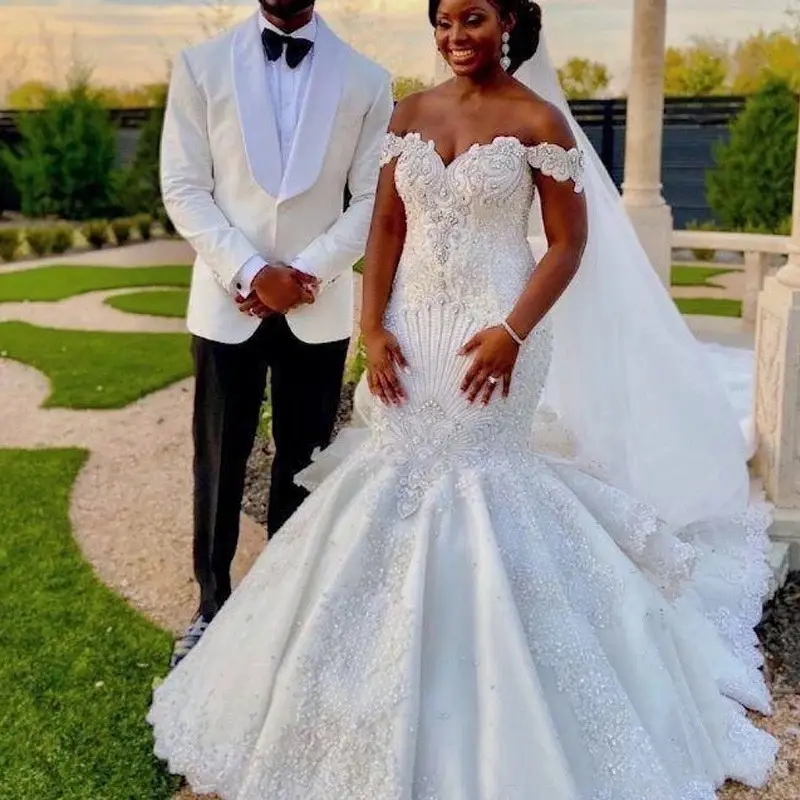 2378 Африканское роскошное свадебное платье с открытыми плечами, кружевное Бисероплетение, аппликация из жемчуга, свадебное платье русалки