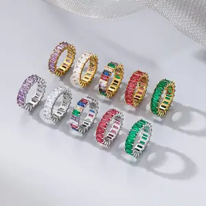 Colorful Pink Green Purple Baguette Women CZ Jewelry 18K Gold Plated Titanium steel Pave Cubic Zirconia Zircon Ring For Women