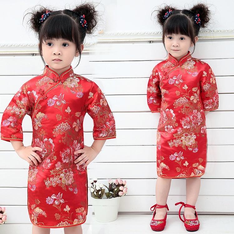 Kids Qipao Girl Dress Readymade Chinese Traditional Baby Girl Opera Costume Long Sleeve Retro Floral Mini Qipao Dress For Kids