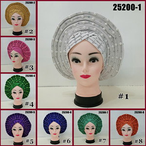 Foulard brodé Aso Oko fait main pour femmes, magnifique Gele automatique pour mariages traditionnels, 100% coton avec perles, personnalisable - Product Image 2