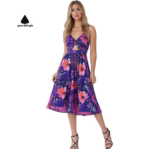 Vert fossette 2025 été plage Boho femmes col en v creux robe mi-longue dame élégant imprimé fleuri robes sans manches - Product Image 1
