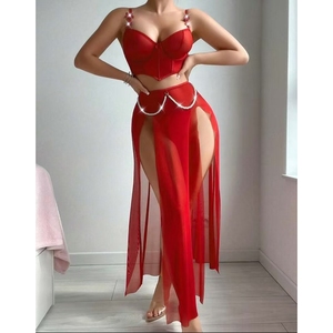 ชุดชั้นในเซ็กซี่แบบผูกคอ ผ้าตาข่ายซีทรู ประดับมุก กระโปรงผ่าข้าง ชุดเซ็ต 2 ชิ้น แฟชั่นสำหรับผู้หญิง - Product Image 1