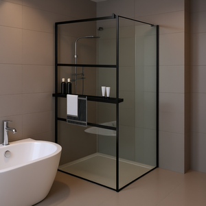Mampara de Ducha Negra con Estante, Vidrio ESG de 8mm, Marco de Aluminio, Diseño Minimalista - Product Image 2