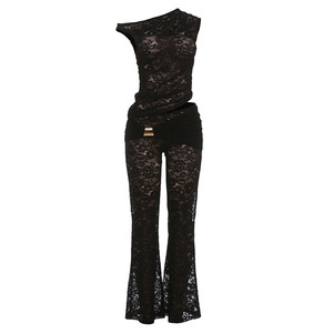 XH1215-2026 Set Primaverile Sexy con <span class=keywords><strong>Top</strong></span> <span class=keywords><strong>Asimmetrico</strong></span> a Spalle Scoperte e Pantaloni a Vita Alta Svasati - Product Image 6