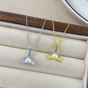 Collier avec pendentif queue de poisson en argent Sterling 925, perle naturelle, zircone cubique, chaîne de clavicule haut de gamme, bijoux pour femmes - Product Image 3