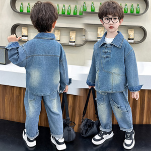 Veste en jean pour garçons, collection printemps-automne, teinte en pièce, ensemble tendance en fibre d'acétate, haut de style occidental à la mode - Product Image 4