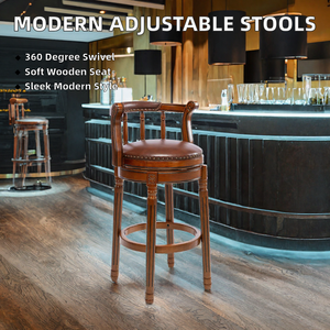 Tabouret de bar traditionnel en bois avec siège et dossier en cuir, design moderne, pivotant à 360 degrés, réglable, pour usage commercial - Product Image 2