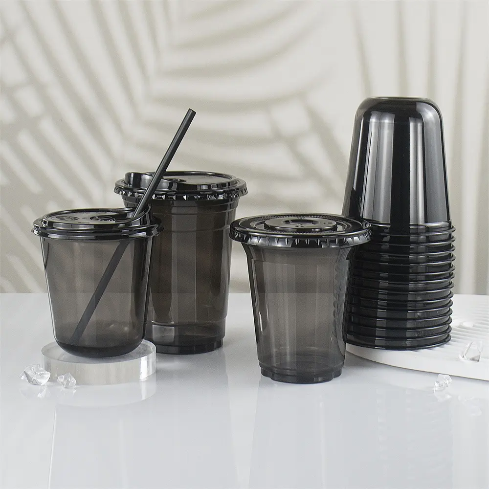 Fabrika özel logo 12 16 oz u formu siyah pet kahve kupası soğuk içecek kabarcık boba çayı tek kullanımlık u şekli plastik bardaklar kapaklı