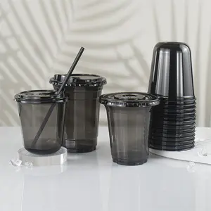 Factory custom logo 12 16 oz in u form black pet coffee cup cold drink bubble boba tea disposable u shape plastic cups with lid