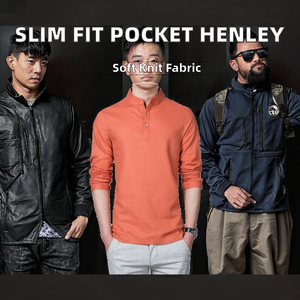 Chemises Henley décontractées pour hommes, coupe ajustée, avec poches, col montant, manches longues, boutonnées, en coton/fibre de bambou tissé, imprimées, anti-plis - Product Image 2